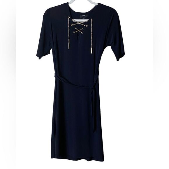 MSK Wm’s Sz PM Black Gold Chain Detail Belted MIDI Dress - Picture 1 of 4